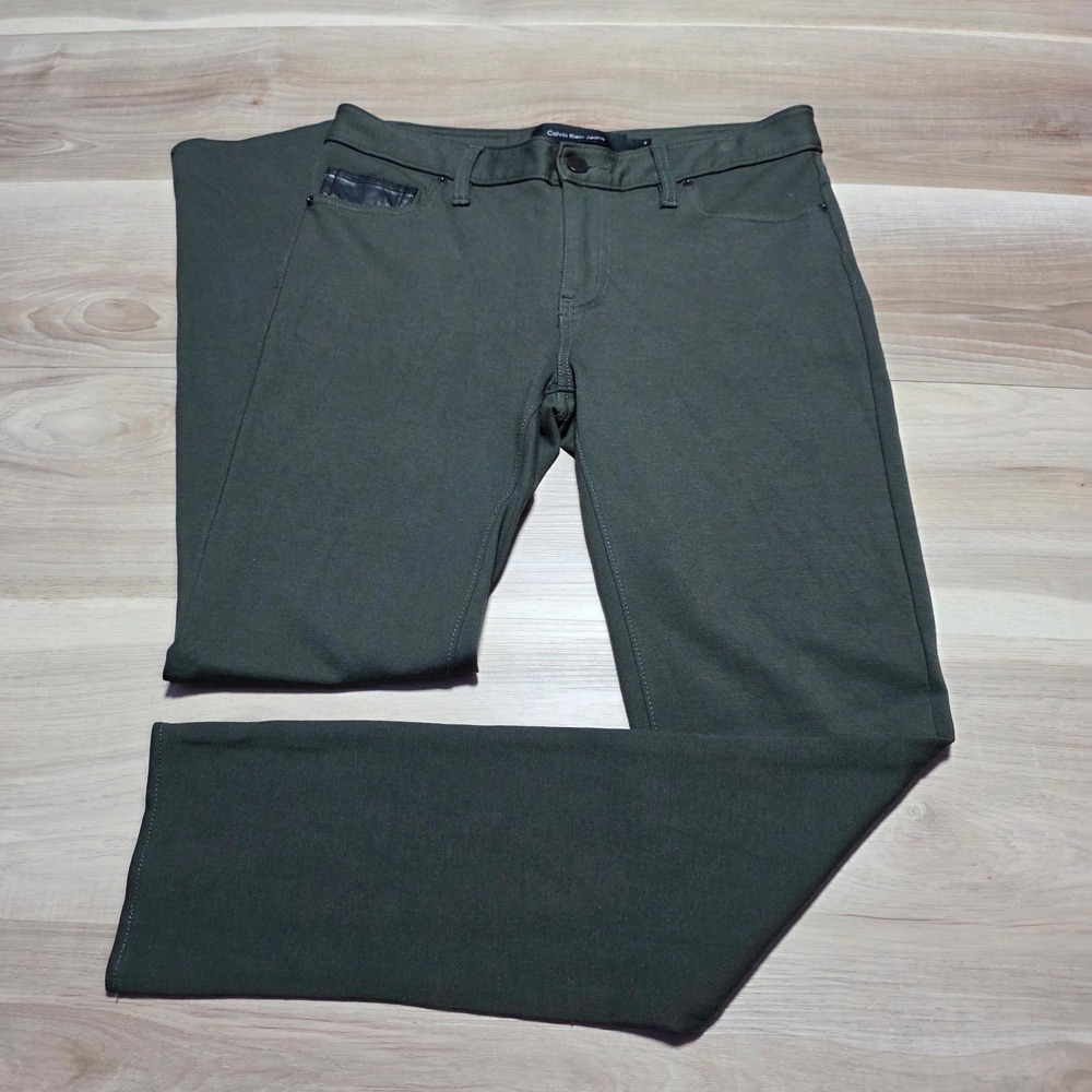 Calvin Klein Jeans Pants Womens 6 Olive Green Straight Leg Faux Leather Trim SEO